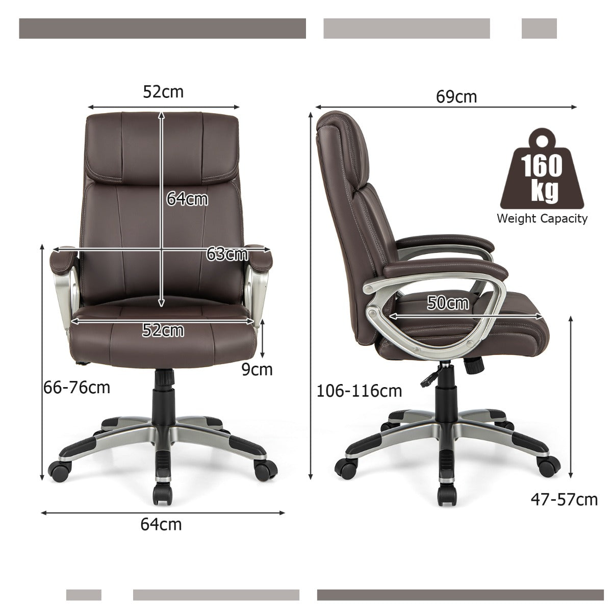 LIVSK Ergonomische Directiestoel - Draaibaar met Verstelbare Hoogte - Schommelspanningsregeling - PU-leer - Tot 160 kg - Bruin