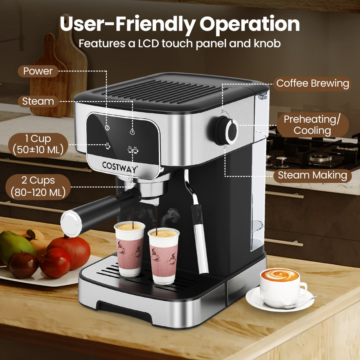 Livsk costway espressomachine 20 bar 1200 w espressomaker met stoom melkopschuimer 18 l afneembaar waterreservoir touchscreen 3