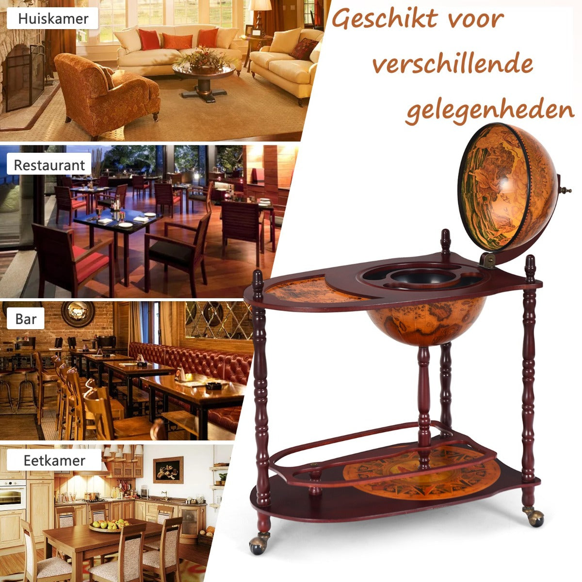 LIVSK Houten Wereldbol Wijnbarstandaard - Italiaans Design - 4 Kamers en 2 Legplanken - Met Wielen - 70 x 45 x 88 cm - Bruin