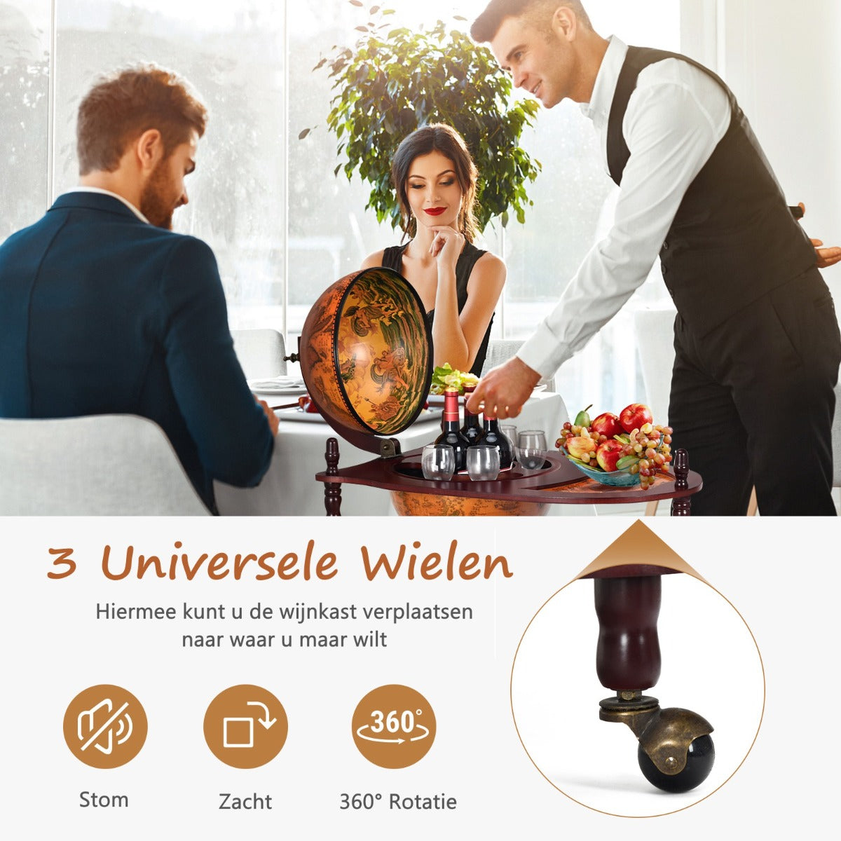 LIVSK Houten Wereldbol Wijnbarstandaard - Italiaans Design - 4 Kamers en 2 Legplanken - Met Wielen - 70 x 45 x 88 cm - Bruin