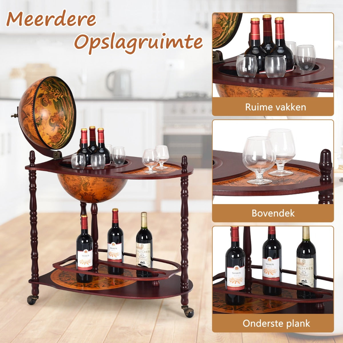 LIVSK Houten Wereldbol Wijnbarstandaard - Italiaans Design - 4 Kamers en 2 Legplanken - Met Wielen - 70 x 45 x 88 cm - Bruin