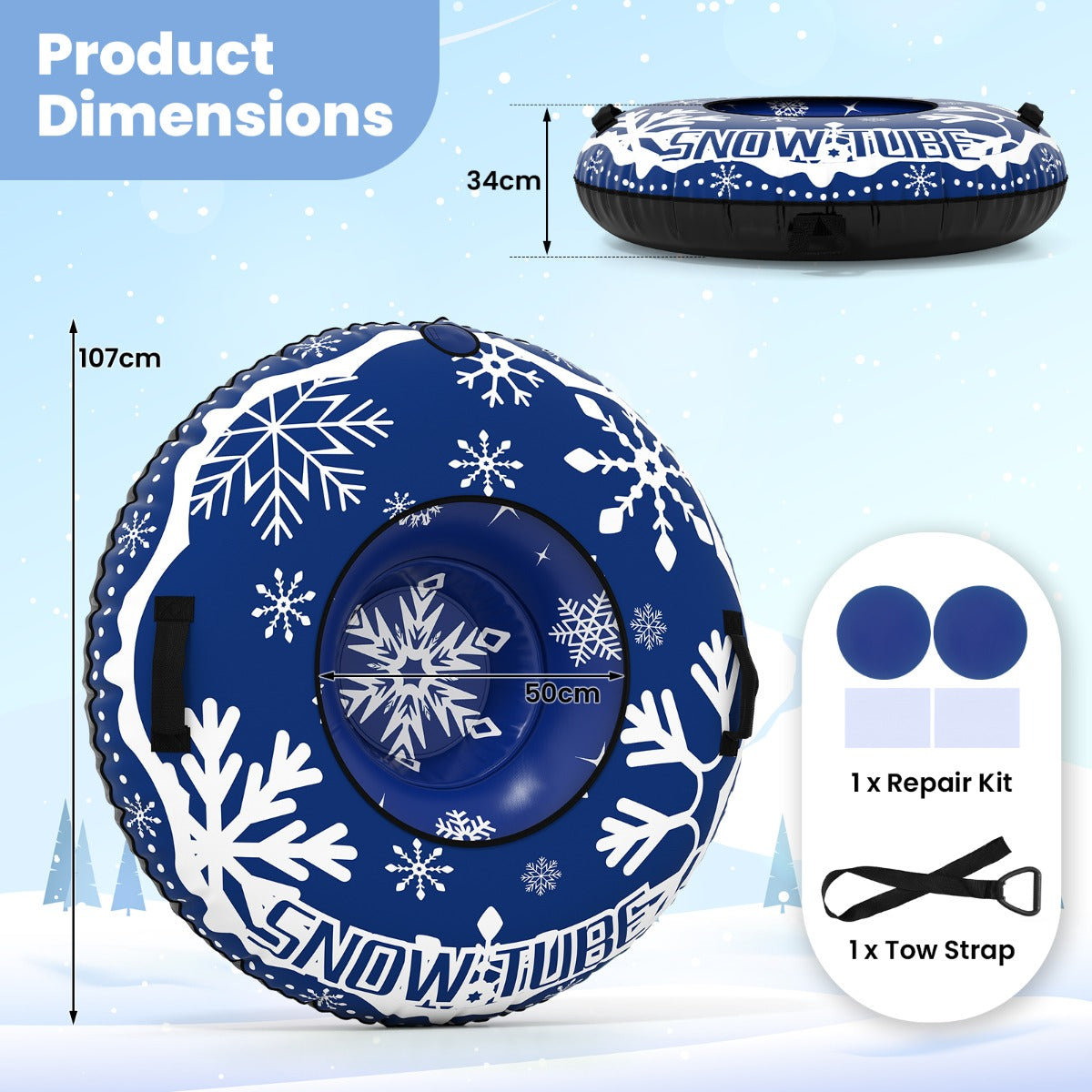 Livsk costway familie winterpret slee set opvouwbare slee met dubbele rugleuning en opblaasbare sneeuwboei 107cm met sleepband blauw 3