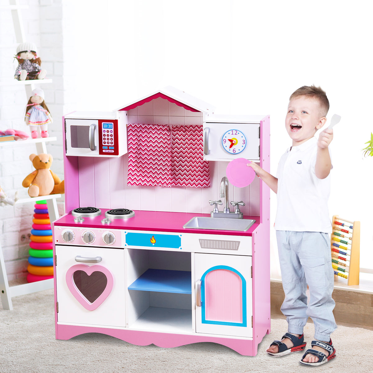 LIVSK Houten Keukenspeelset - Realistische Kraan en Gootsteen - Oven met Geluid - Grote Opbergruimte - Veilig en Duurzaam - Roze