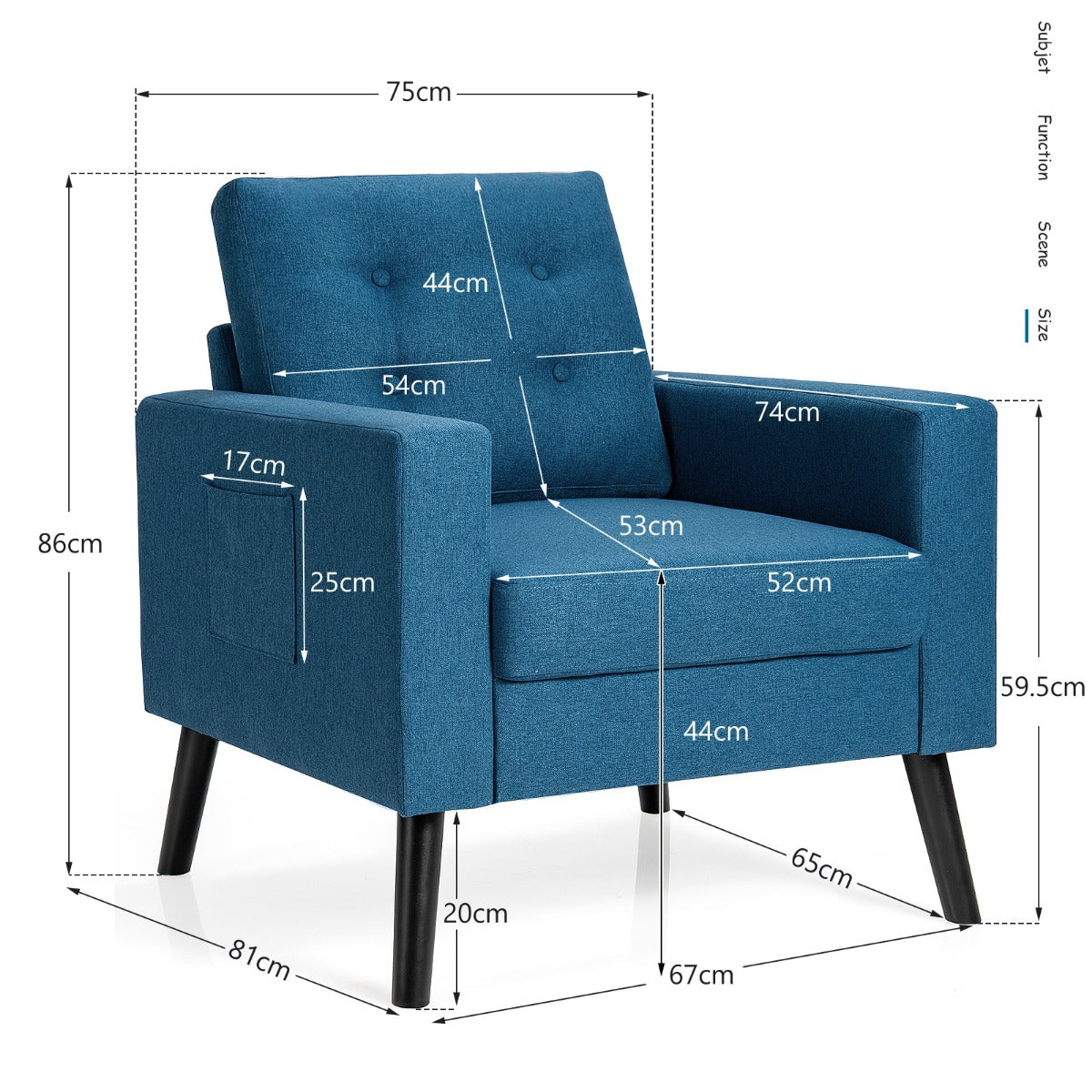 LIVSK Accentstoel van Linnen - Ergonomisch met Brede Armleuningen - Stabiel Massief Houten Frame - Zijvakken - Blauw