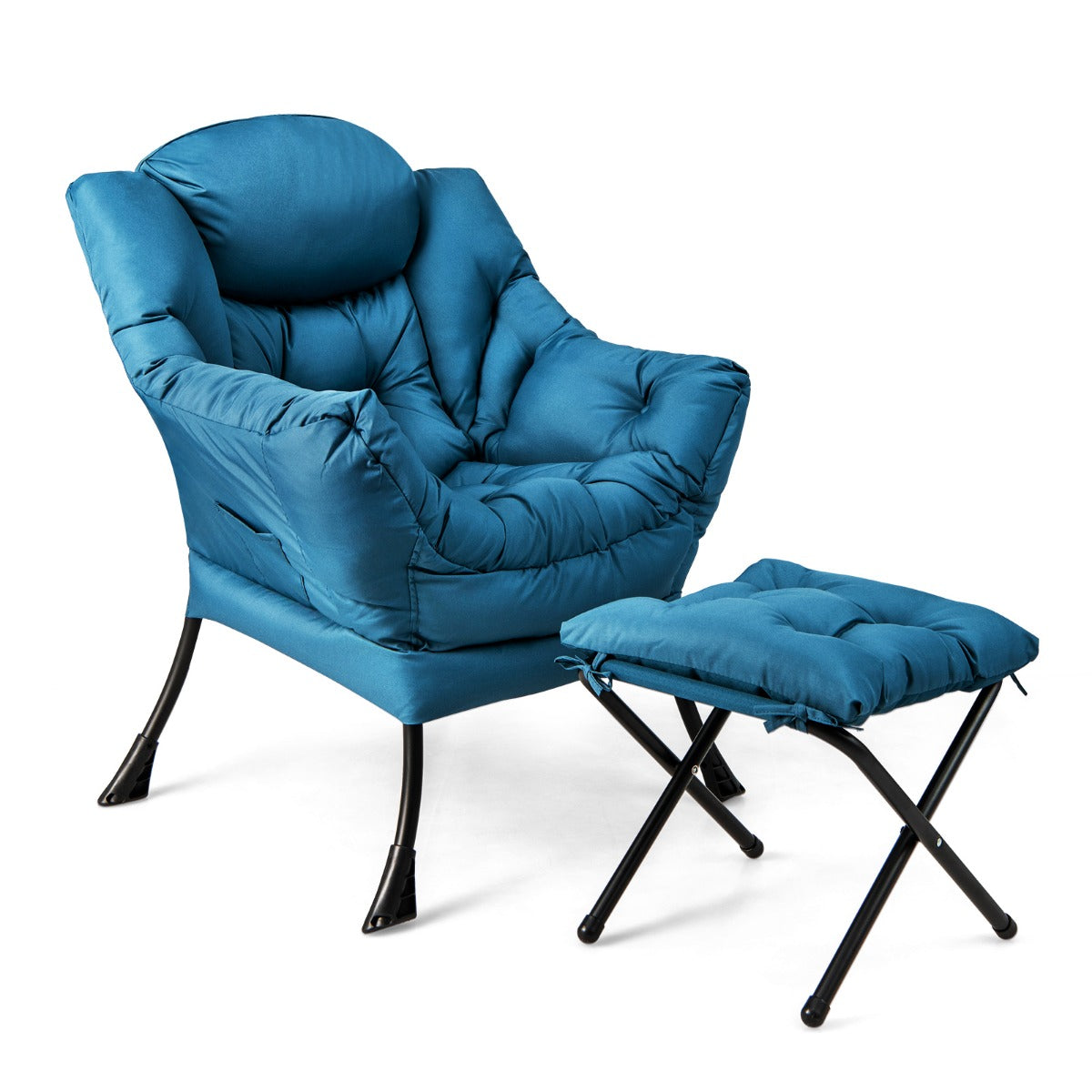 LIVSK Relaxstoel met Kruk - Ergonomisch Ontwerp - Hoogwaardige Polyester - Stevige Metalen Buizen - Tot 150 kg - Blauw