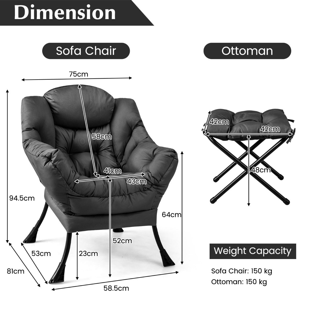 LIVSK Loungestoel met Kruk - Ergonomisch Design - Hoogwaardige Polyester - Stabiel Metaal - Tot 150 kg - Grijs
