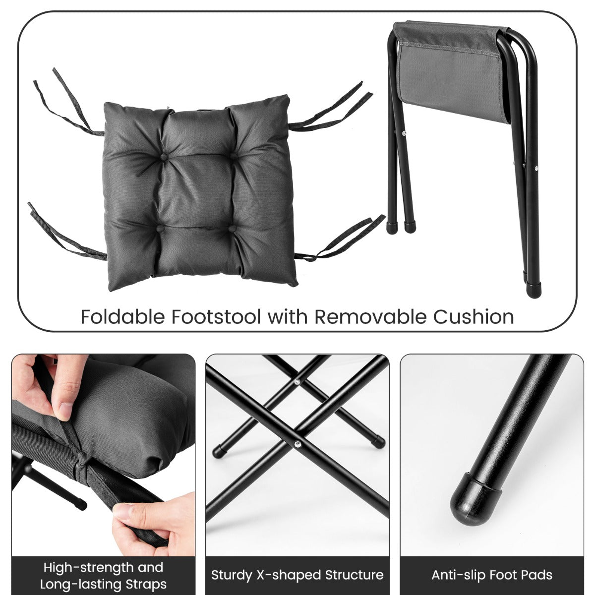 LIVSK Loungestoel met Kruk - Ergonomisch Design - Hoogwaardige Polyester - Stabiel Metaal - Tot 150 kg - Grijs