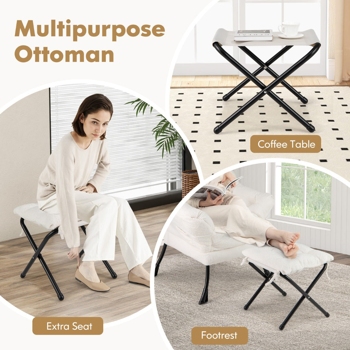 LIVSK Bijzetstoel met Voetensteun - Stevig Metalen Onderstel - Sherpa Bekleding - Tot 150 kg - Ergonomisch Design - Beige