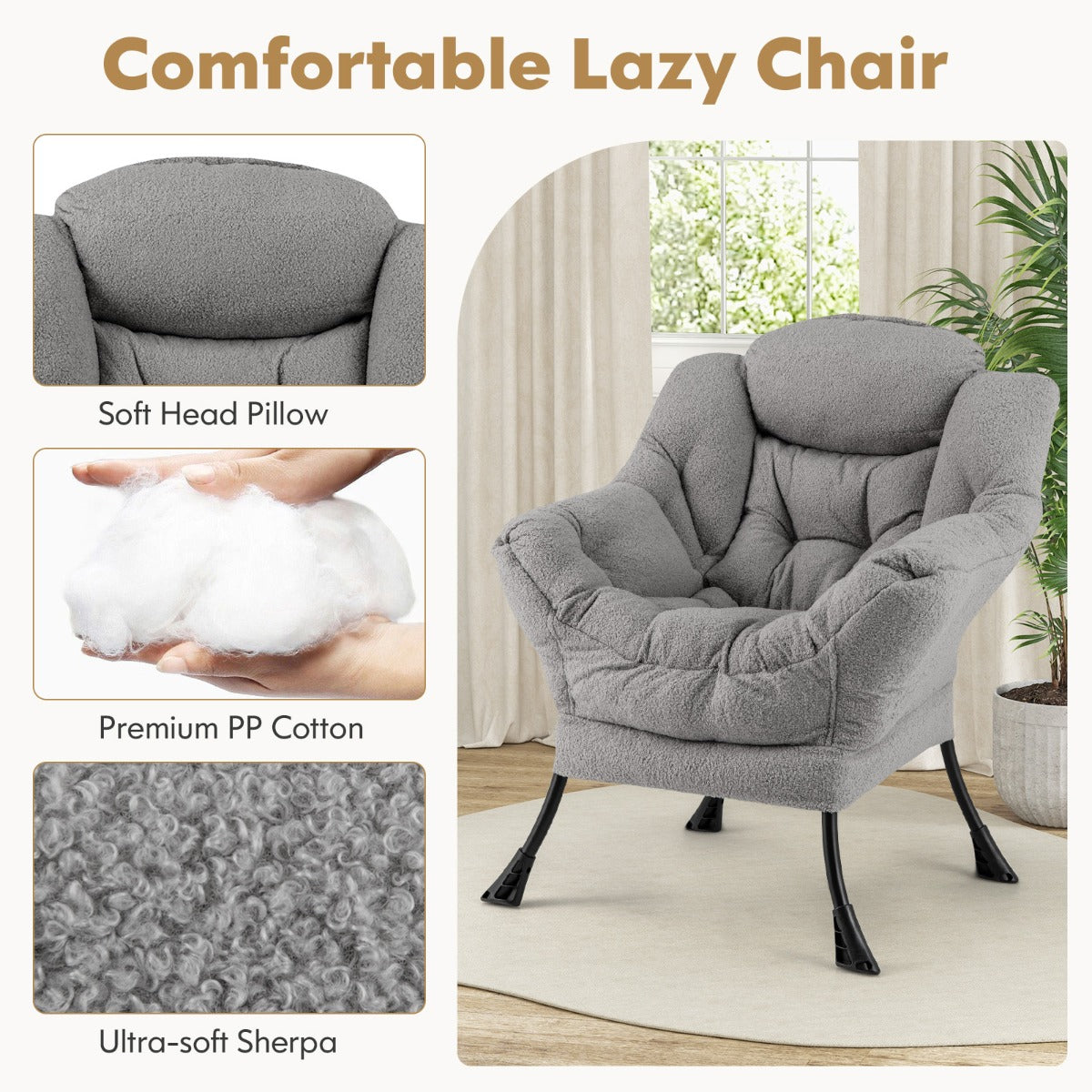 LIVSK Bijzetstoel met Voetensteun - Sterk Metalen Onderstel - Zachte Sherpa Hoes - Ergonomisch - 80 x 74 x 97 cm - Grijs