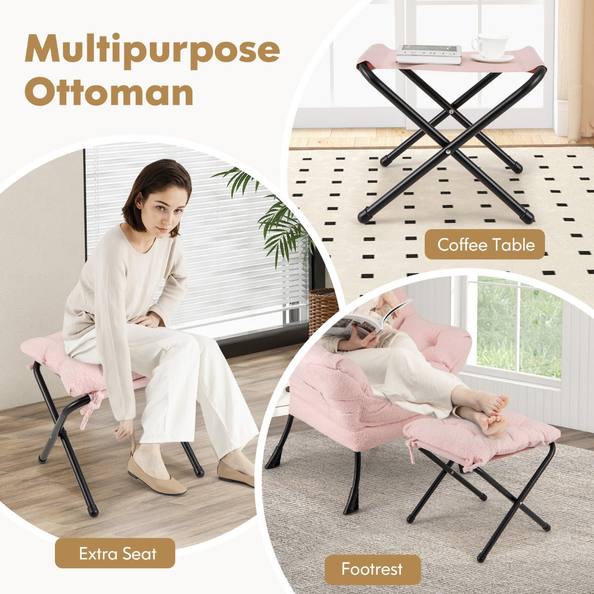 LIVSK Bijzetstoel met Voetenbank - Comfortabele Sherpa Stof - Opklapbaar en Multifunctioneel - Tot 150 kg - Beige