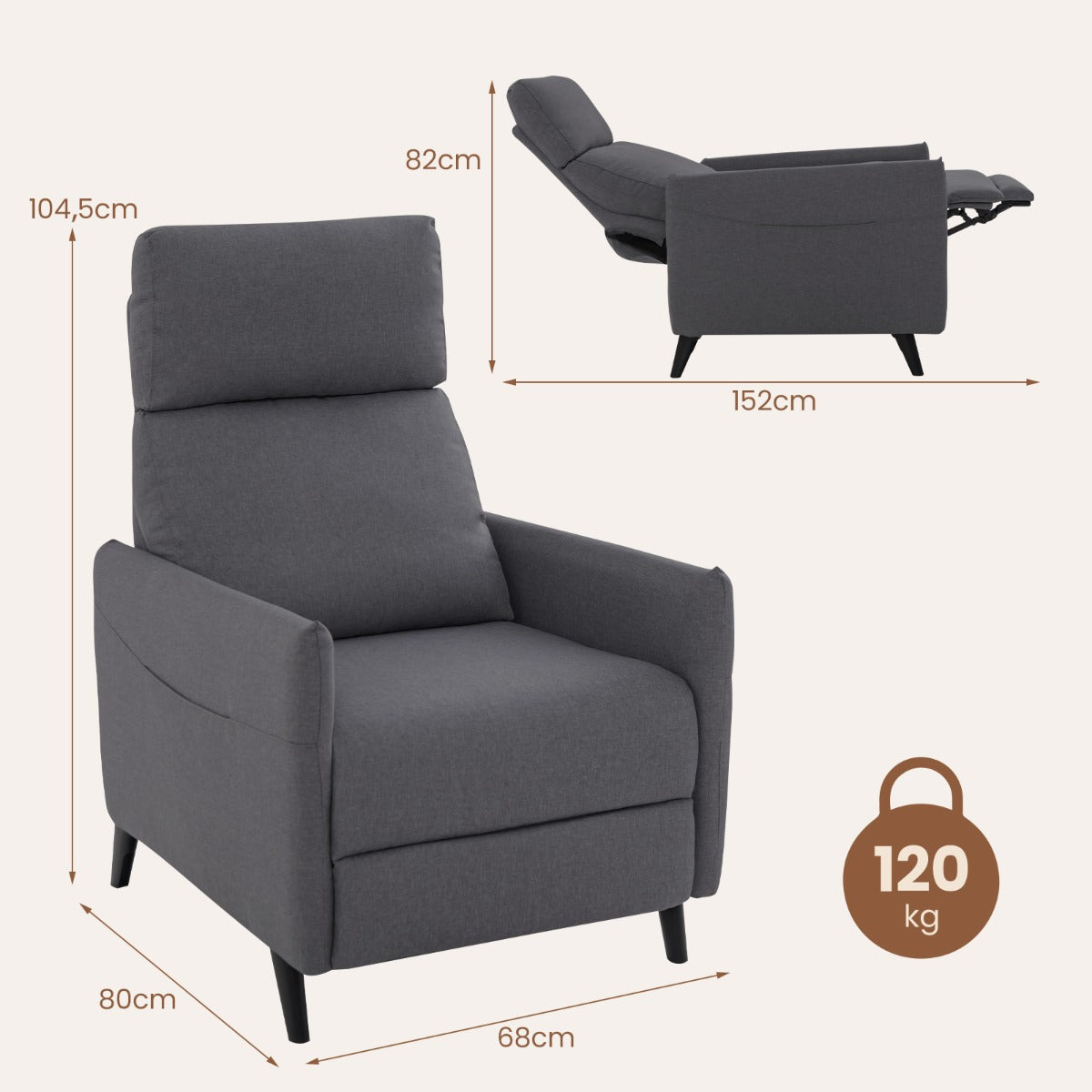 LIVSK Fauteuil met Ligfunctie - Verstelbare Rugleuning en Voetsteun - Huidvriendelijk Linnen - Stevig Frame - 80 x 68 x 104,5 cm