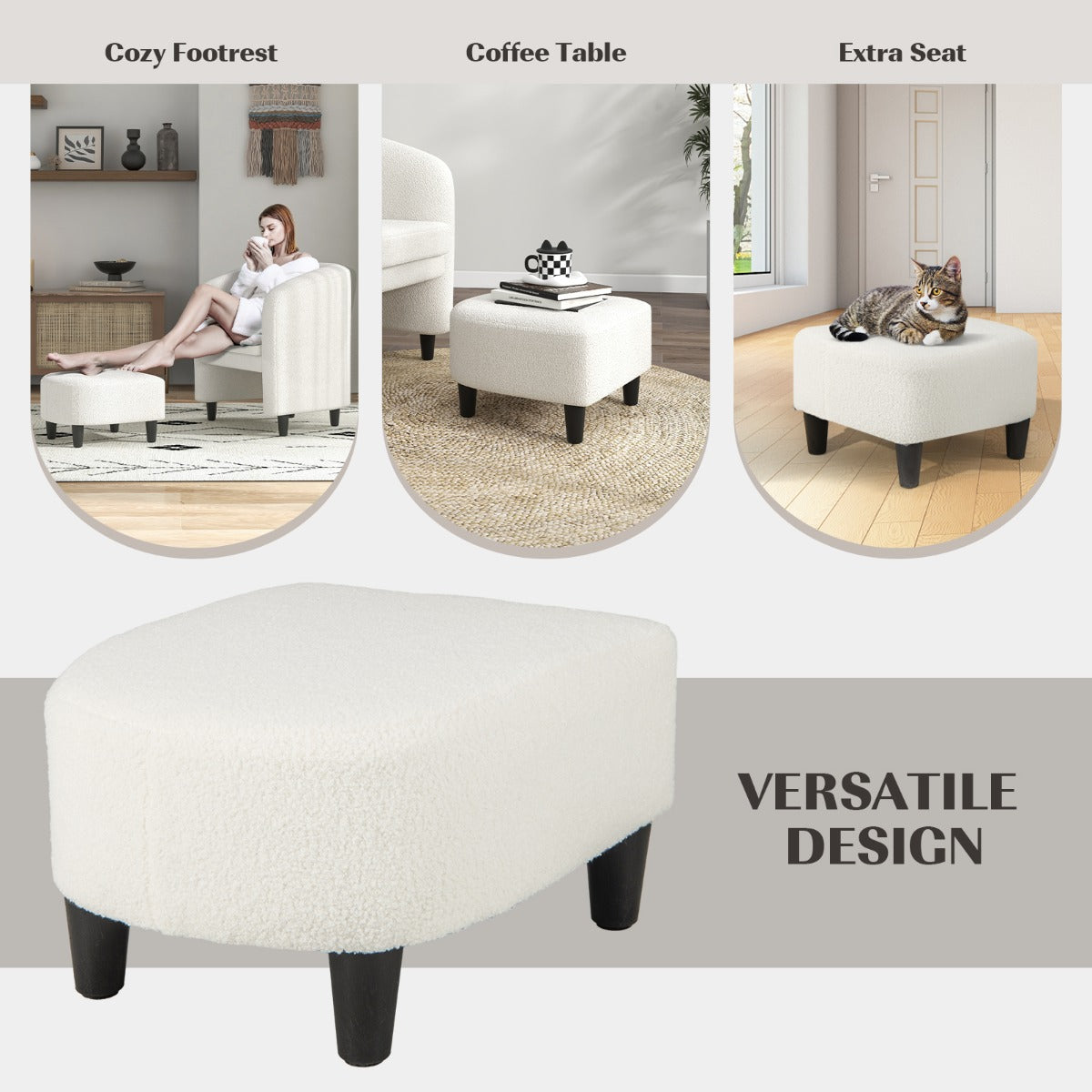 LIVSK Tonvormige Stoel en Poef Set - Ergonomische Rugleuning - Gewatteerd Zitkussen - Massief Houten Frame - Beige