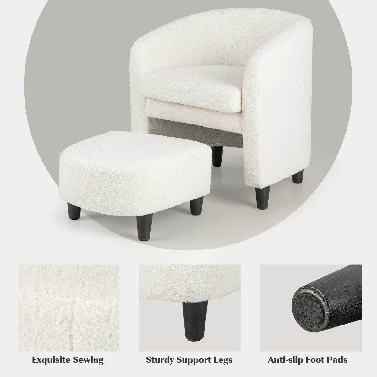 LIVSK Tonvormige Stoel en Poef Set - Ergonomische Rugleuning - Gewatteerd Zitkussen - Massief Houten Frame - Beige