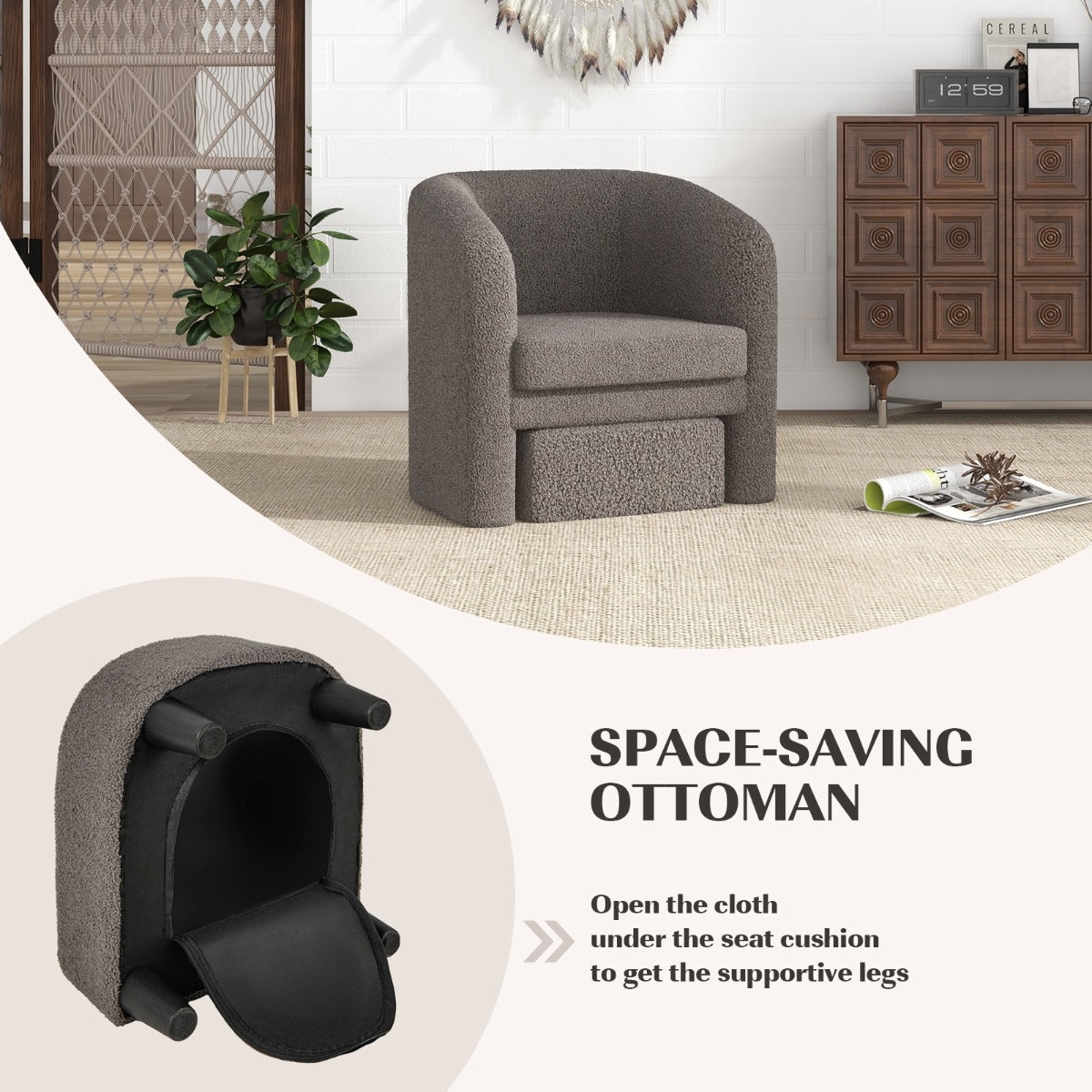 LIVSK Tonvormige Stoel en Poef Set - Ergonomisch Ontwerp - Verwijderbaar Kussen - Massief Houten Frame - Tot 150 kg - Grijs