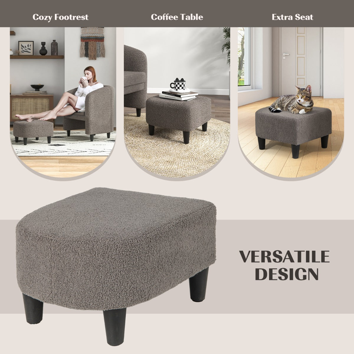 LIVSK Tonvormige Stoel en Poef Set - Ergonomisch Ontwerp - Verwijderbaar Kussen - Massief Houten Frame - Tot 150 kg - Grijs