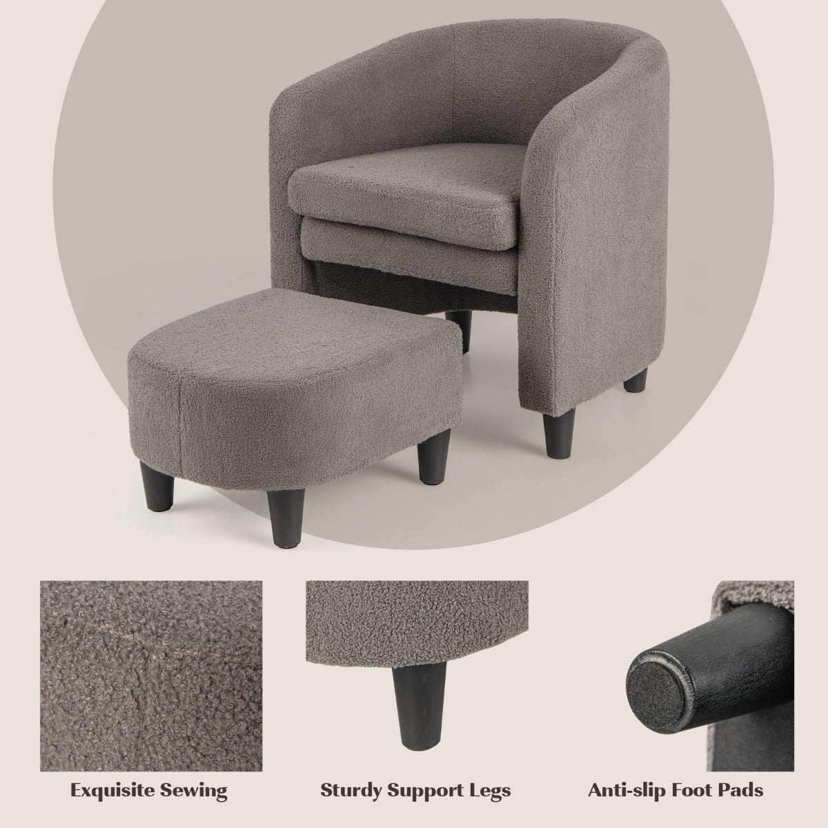 LIVSK Tonvormige Stoel en Poef Set - Ergonomisch Ontwerp - Verwijderbaar Kussen - Massief Houten Frame - Tot 150 kg - Grijs