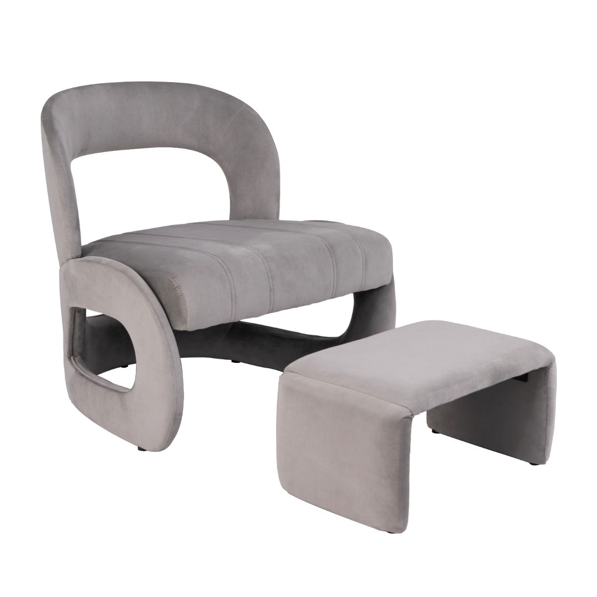 LIVSK Fauteuil- en Voetenbankset - Ergonomische Rugleuning - Zachte Velours - Duurzaam - Tot 180 kg - Grijs