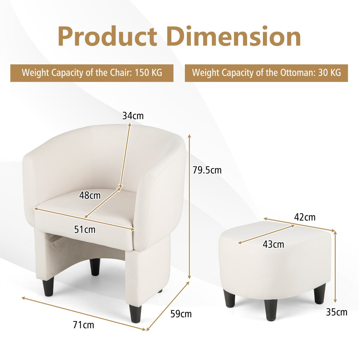 LIVSK Accentstoel en Voetenbankset - Ergonomisch Design - Fluweel Bekleed - Massief Houten Frame - Tot 150 kg - Beige