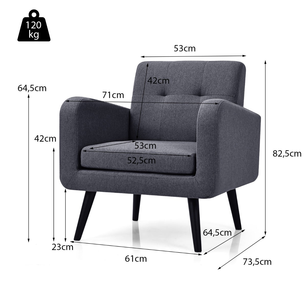 LIVSK Bijzetstoel - Rubberhouten Poten - Ergonomische Rugleuning en Armleuningen - Comfortabel en Ademend - Tot 120 kg - Grijs
