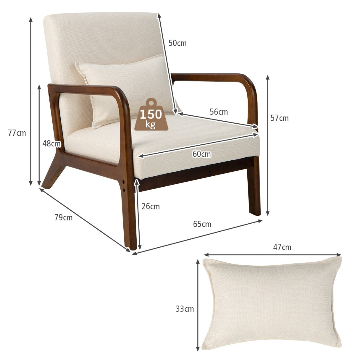 LIVSK Loungefauteuil met Armleuningen - Ergonomisch Ontwerp - Zacht Schuim - Duurzaam Rubberhout - Draagvermogen 150 kg - Beige
