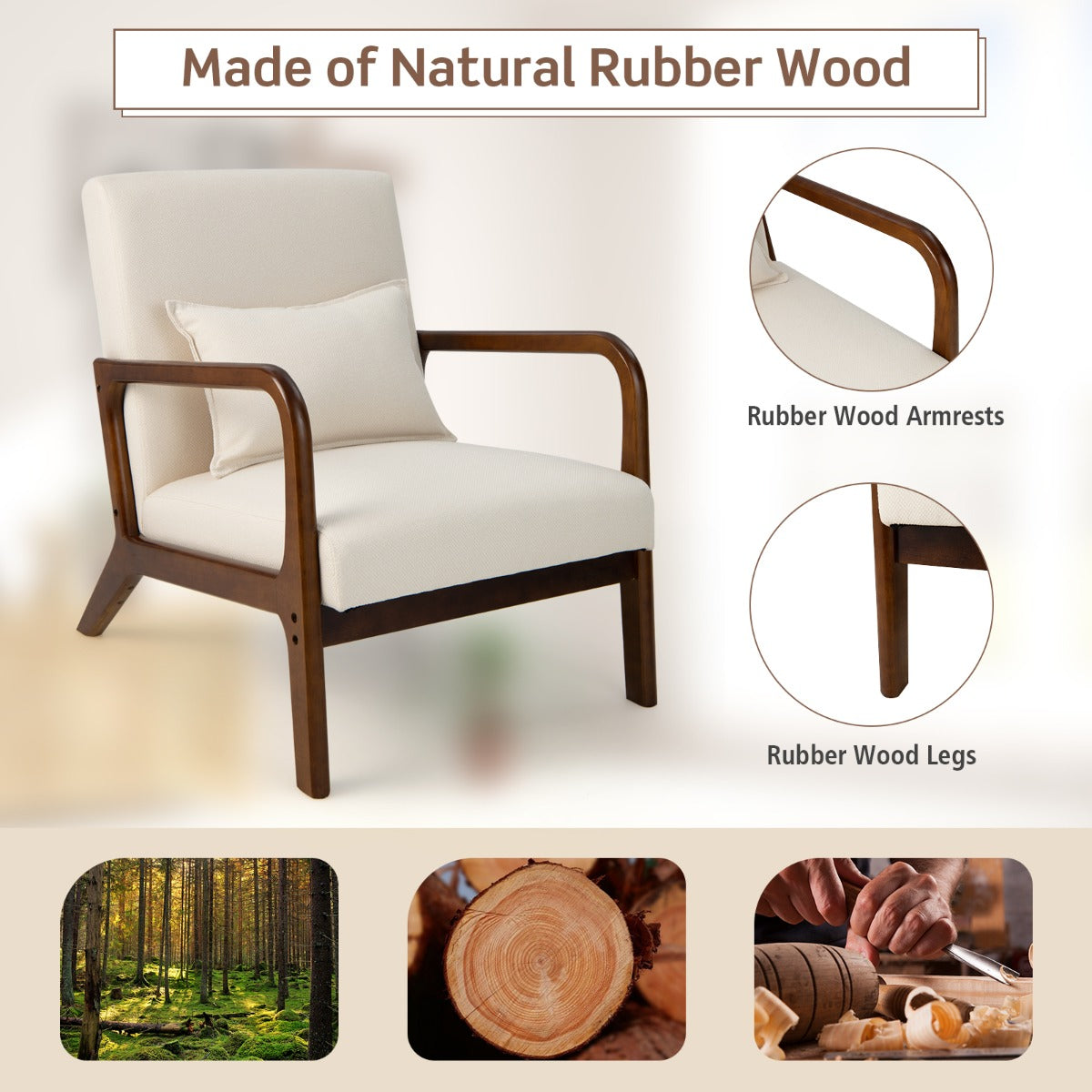 LIVSK Loungefauteuil met Armleuningen - Ergonomisch Ontwerp - Zacht Schuim - Duurzaam Rubberhout - Draagvermogen 150 kg - Beige