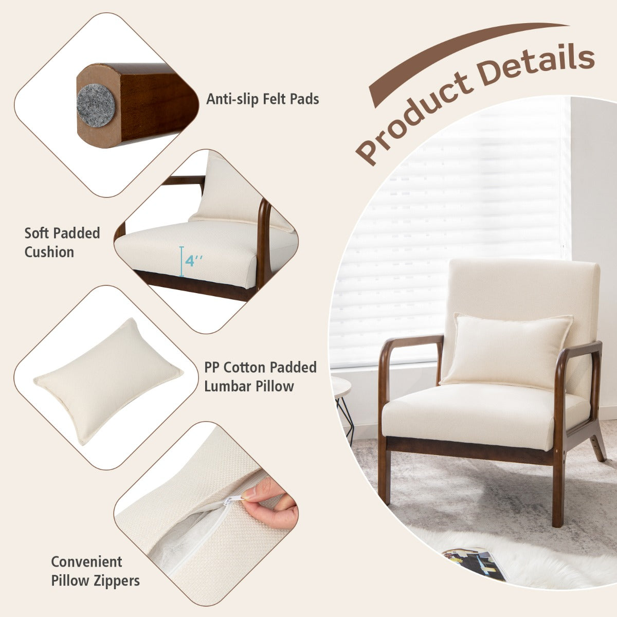 LIVSK Loungefauteuil met Armleuningen - Ergonomisch Ontwerp - Zacht Schuim - Duurzaam Rubberhout - Draagvermogen 150 kg - Beige
