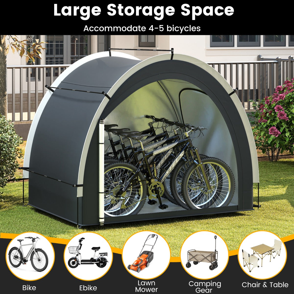 LIVSK Fietsenberging - Waterbestendig Oxford-stof - Ruimte voor 4-5 fietsen - Ritsdeur en zij-ingang - 218 x 153 x 182 cm - Zwart