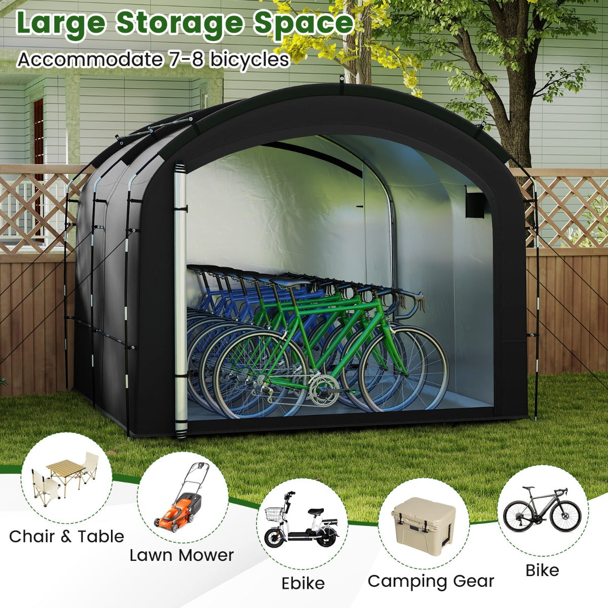 LIVSK Opbergtent voor Fietsen - Waterdichte Oxford-stof - Capaciteit 7-8 Fietsen - Dubbele Ritssluitingen - Zwart
