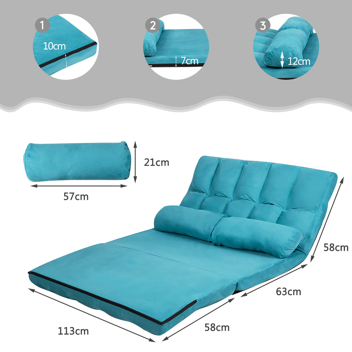 LIVSK Verstelbare Vloerbank met Kussens - Opvouwbaar - 6 Rugstanden - Premium Stalen Frame - Tot 150 kg - Blauw