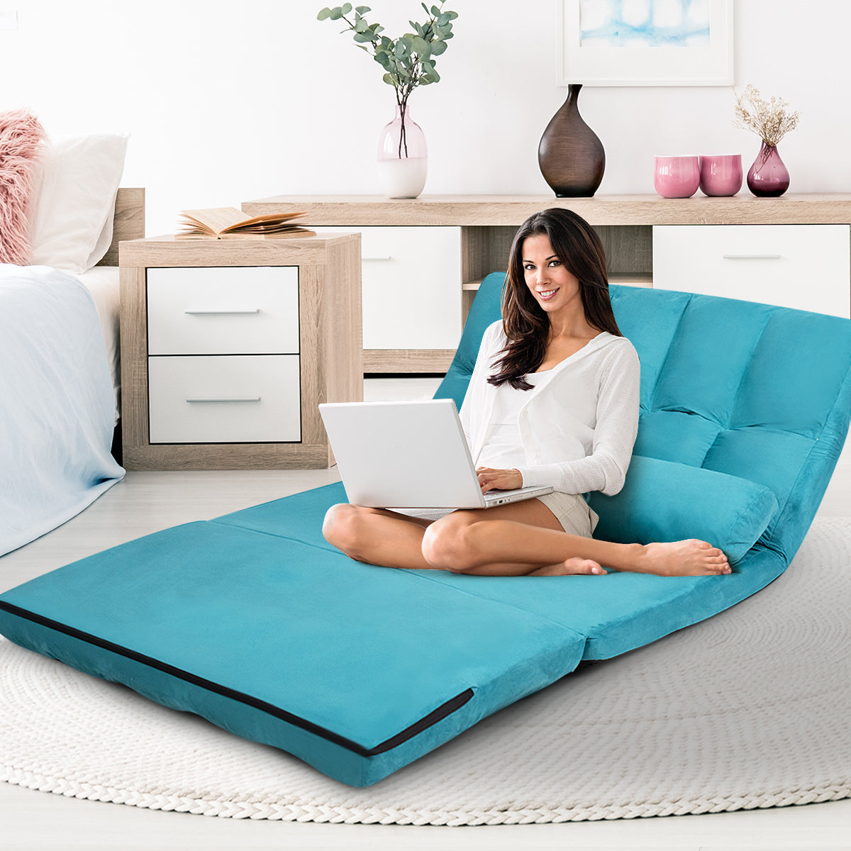 LIVSK Verstelbare Vloerbank met Kussens - Opvouwbaar - 6 Rugstanden - Premium Stalen Frame - Tot 150 kg - Blauw