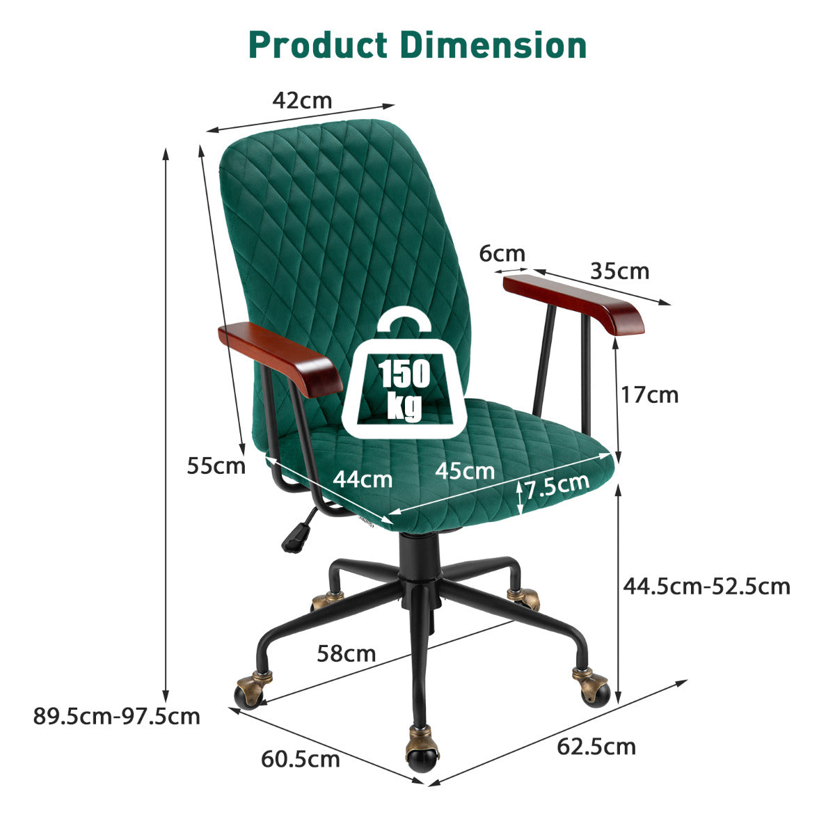 LIVSK Ergonomische Bureaustoel - Verstelbare Rugleuning - 360° Draaibaar - Antieke Koperen Wielen - Tot 150 kg - Groen Fluweel