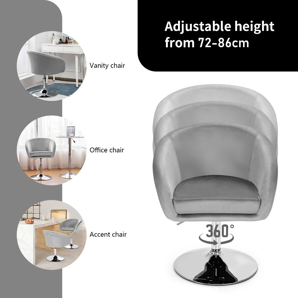 LIVSK Verstelbare Fluwelen Barkruk - Hoogte 72-86 cm - 360 Graden Draaibaar - Ergonomisch - Stabiel Metalen Frame - Grijs