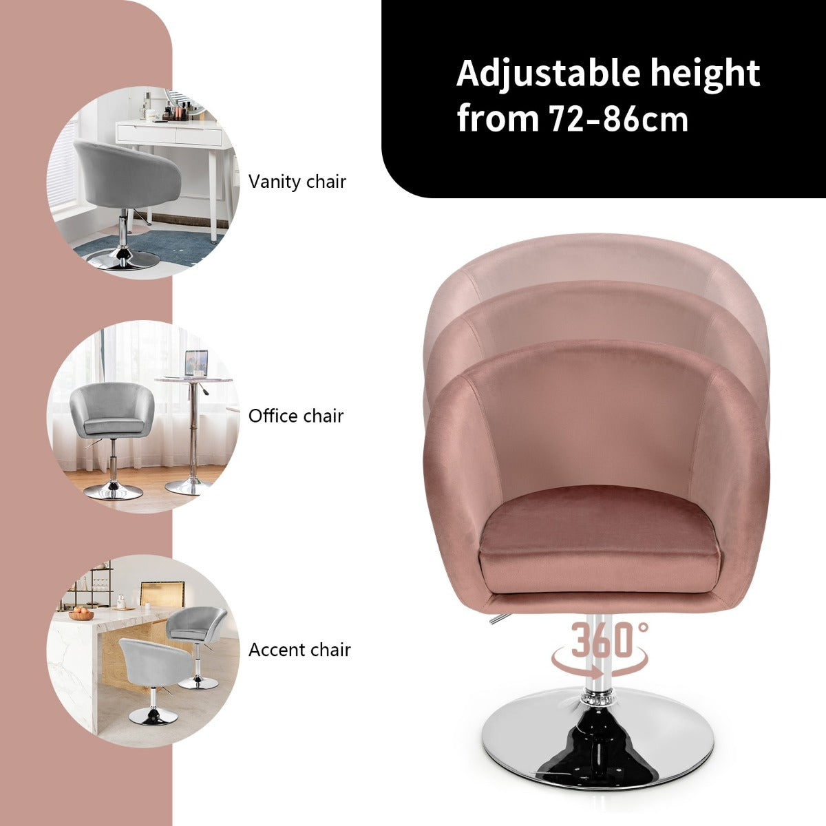 LIVSK Verstelbare Fluwelen Barkruk - Hoogte 72-86 cm - 360 Graden Draaibaar - Ergonomisch Design - Tot 120 kg - Roze