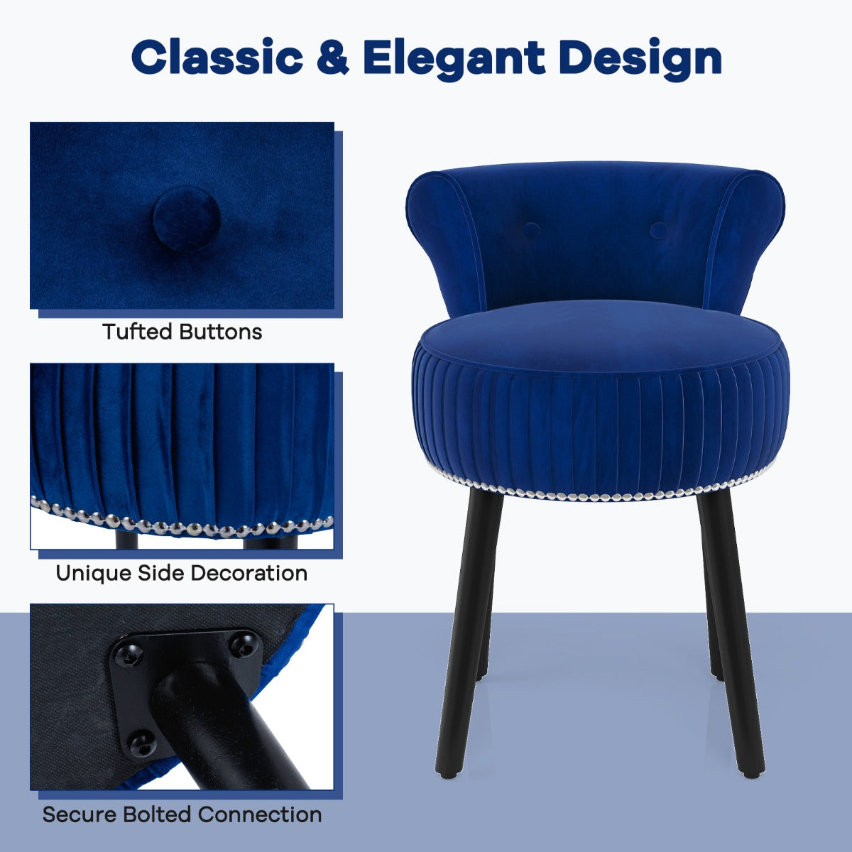 Livsk costway fluwelen kaptafelstoel met rugleuning gestoffeerde kaptafelkruk met diep getufte rugleuning en massief houten poten blauw 2