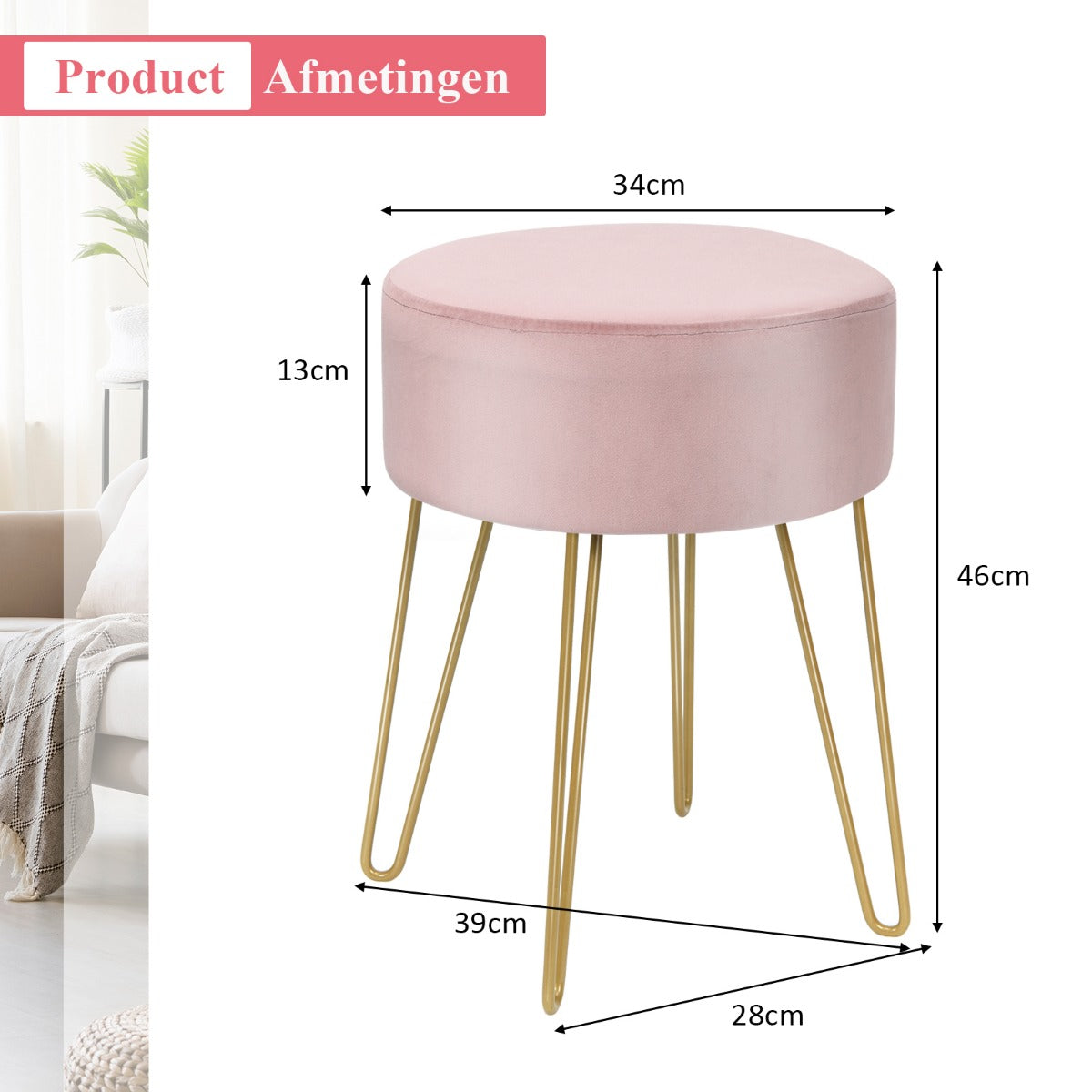 LIVSK Fluwelen Voetenbank - Robuust MDF en Staal - Comfortabel en Stijlvol - Tot 100 kg - 39 x 39 x 46 cm - Roze