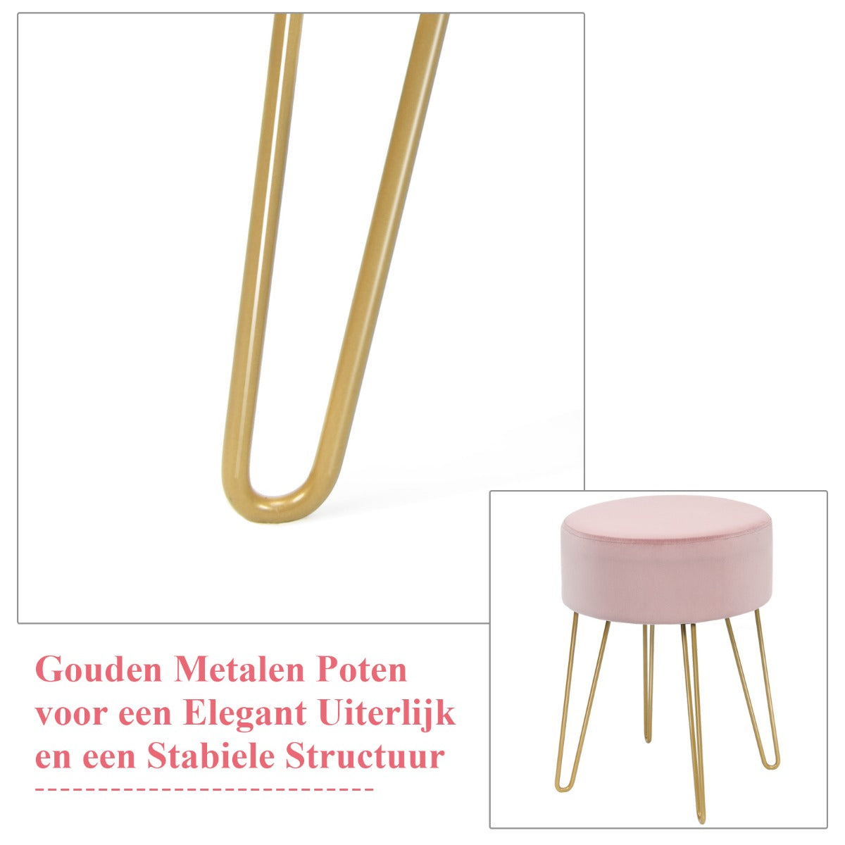 LIVSK Fluwelen Voetenbank - Robuust MDF en Staal - Comfortabel en Stijlvol - Tot 100 kg - 39 x 39 x 46 cm - Roze