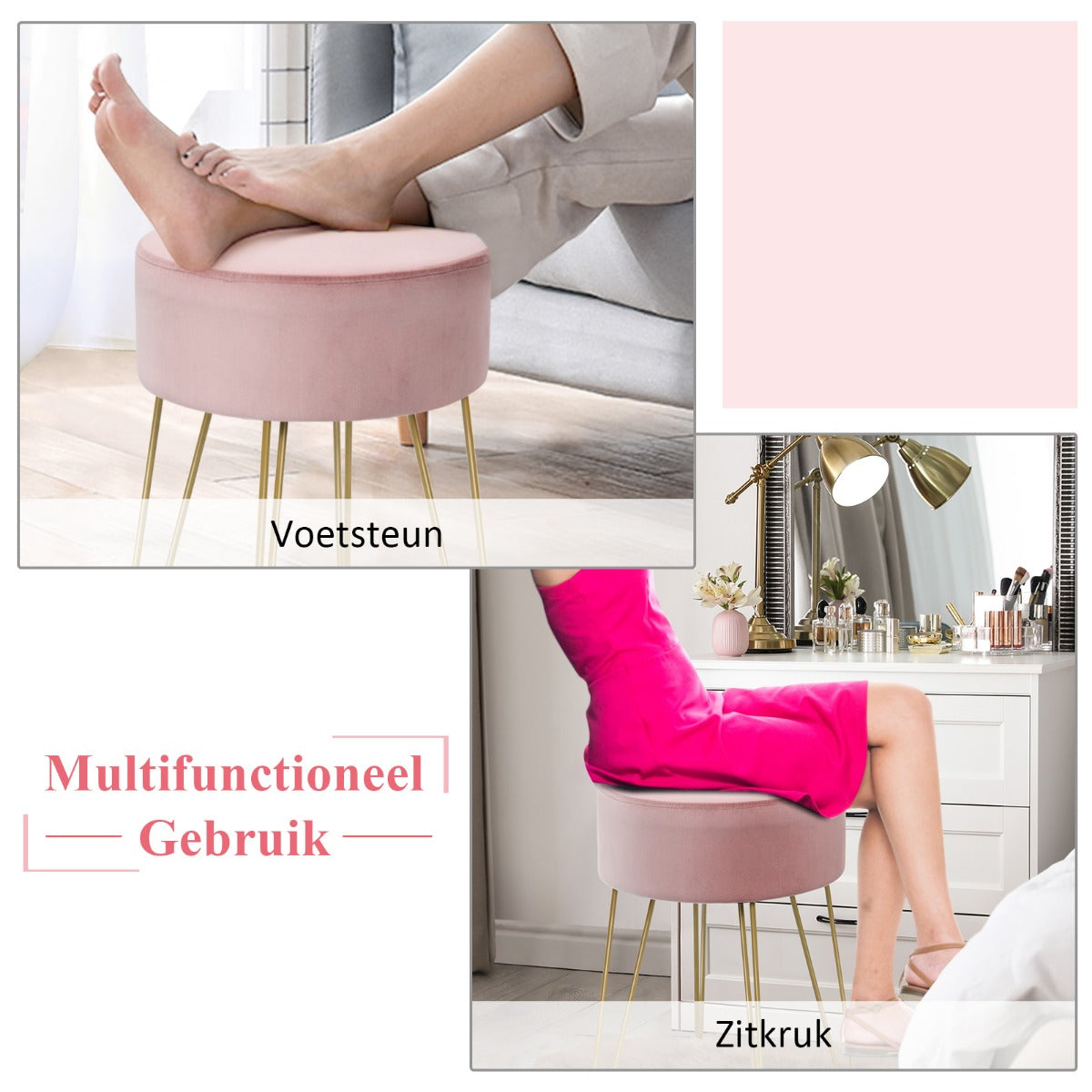 LIVSK Fluwelen Voetenbank - Robuust MDF en Staal - Comfortabel en Stijlvol - Tot 100 kg - 39 x 39 x 46 cm - Roze