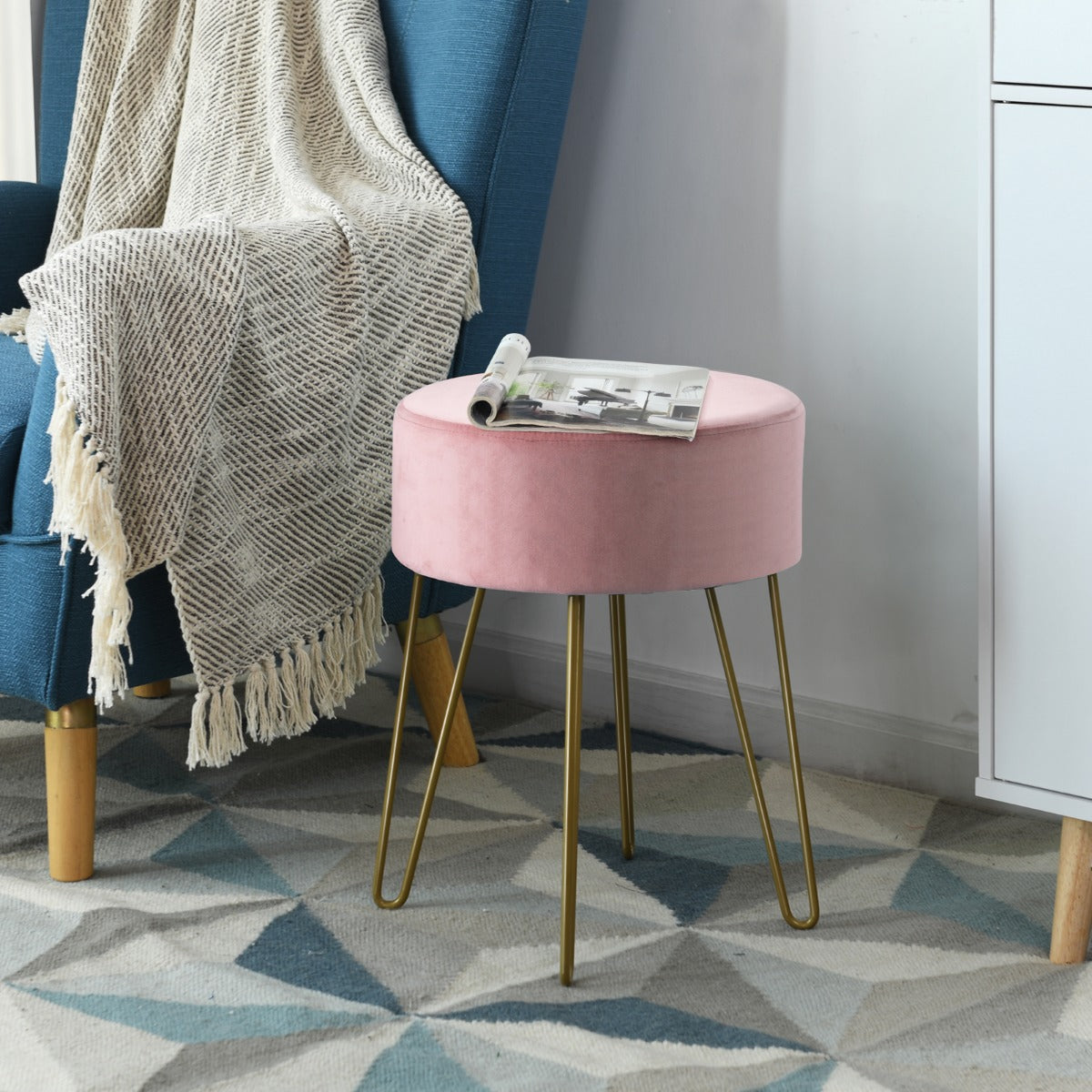 LIVSK Fluwelen Voetenbank - Robuust MDF en Staal - Comfortabel en Stijlvol - Tot 100 kg - 39 x 39 x 46 cm - Roze