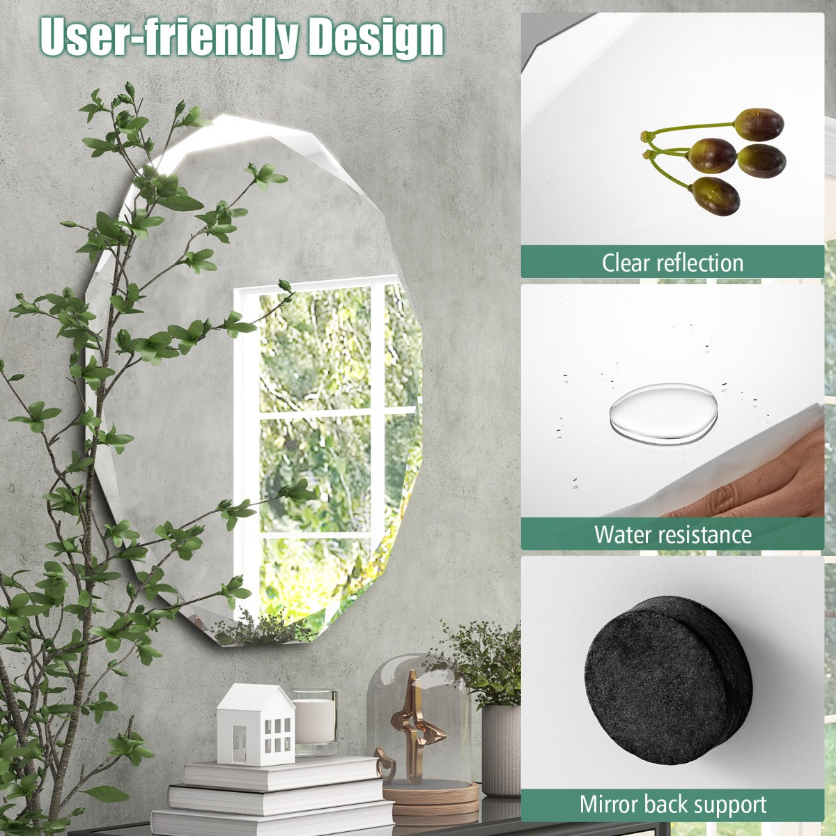 LIVSK Decoratieve Wandspiegel - Veilig HD-glas - Eenvoudige installatie - 76 x 76 cm - Rond - Zilver