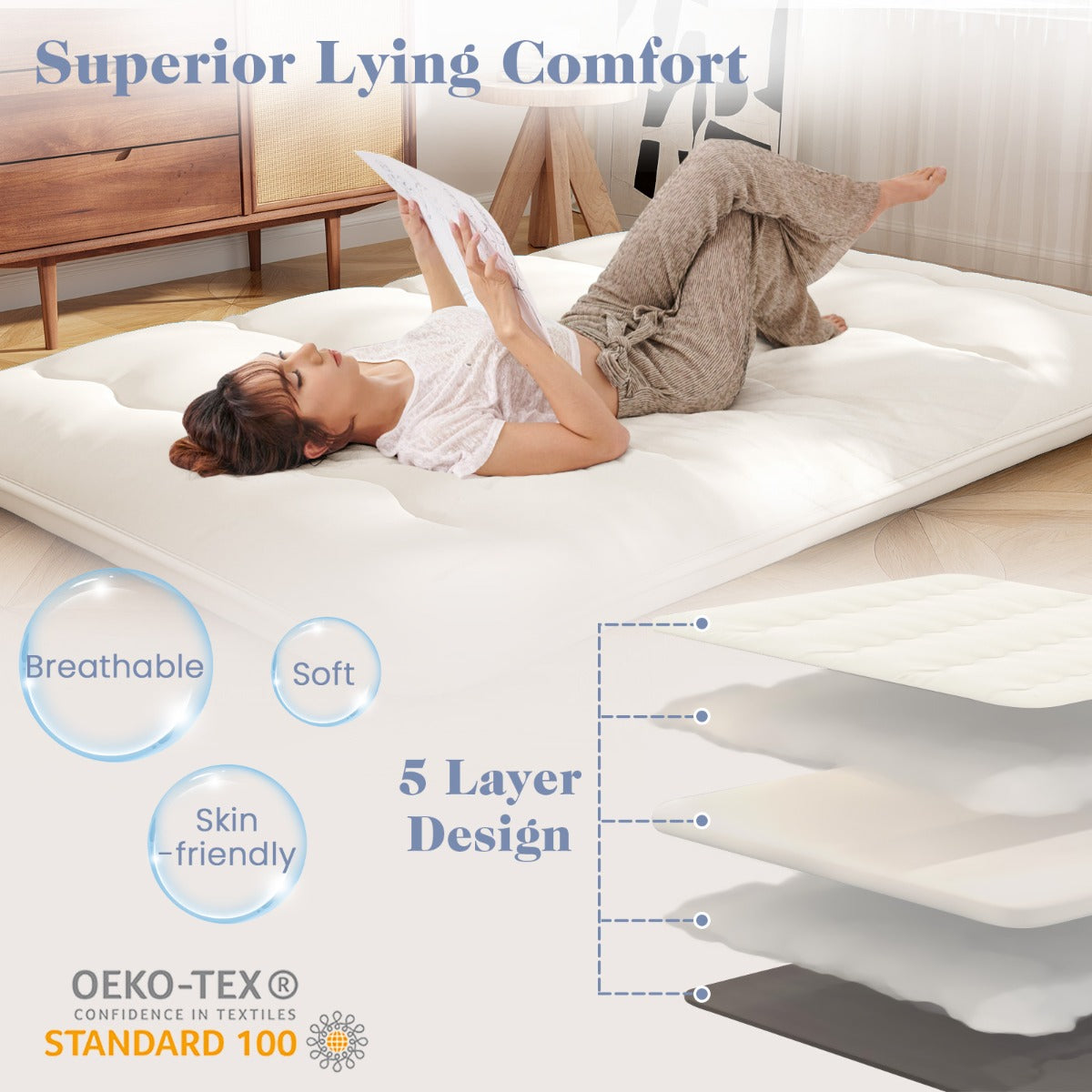 LIVSK Opvouwbare Futon-matras - Hoogwaardige Polyester - Wasbare Microvezelhoes - Veelzijdig voor Thuis en Kamperen - 200 x 140 x