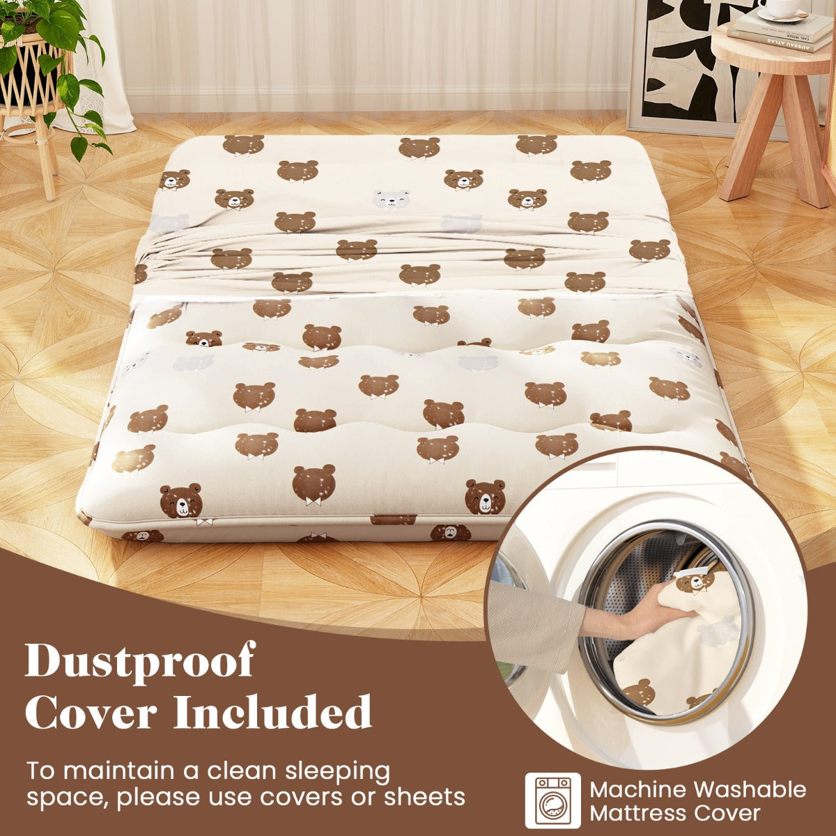 LIVSK Opvouwbare Futon-matras - Wasbare Microvezelhoes - Comfortabel als Slaapmat of Speelmat - 200 x 140 x 10 cm - Beige