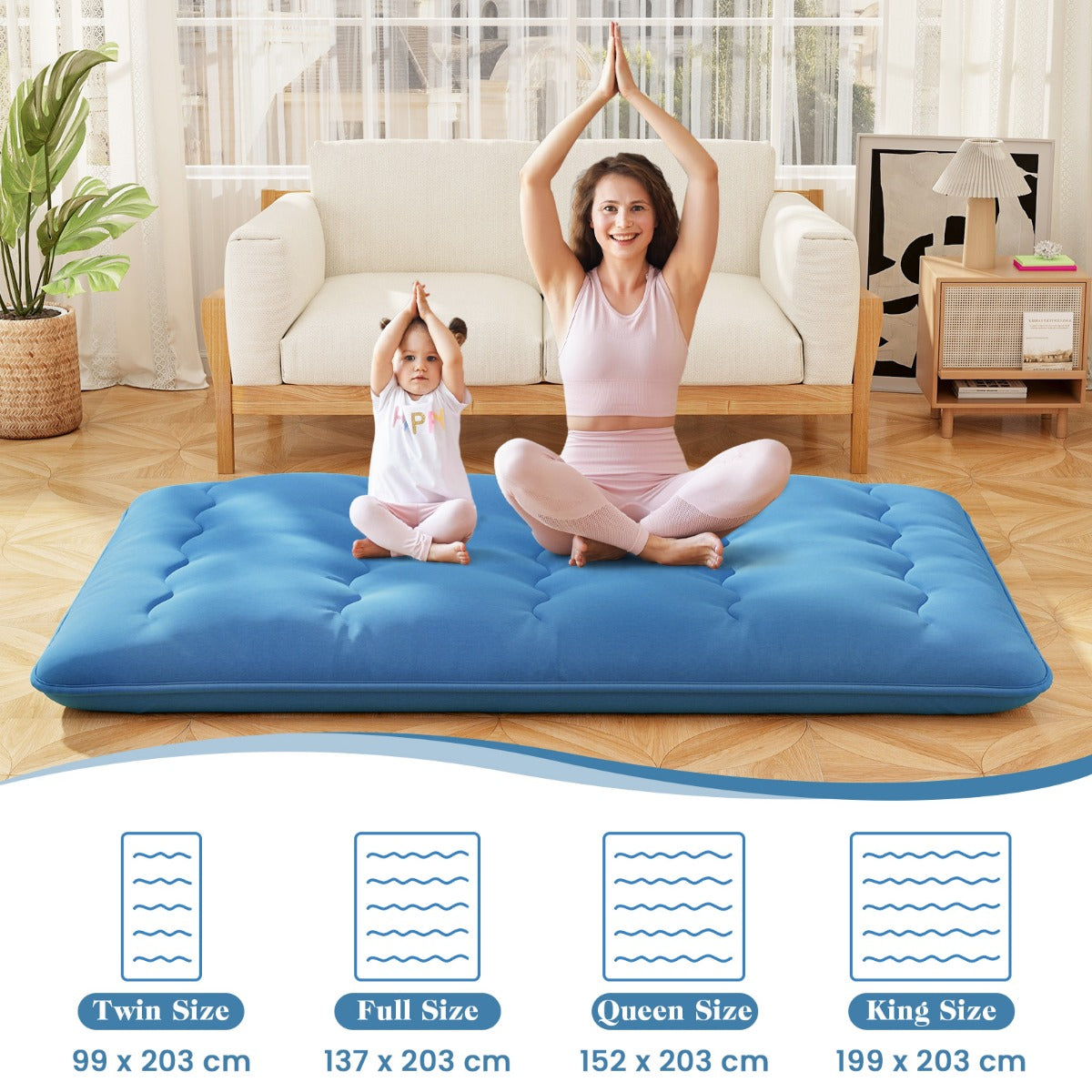 LIVSK Vloer-Futon-Matras - Draagbaar en Veelzijdig - Wasbare Microvezelhoes - Comfortabele Polyester Vulling - 200 x 140 x 10 cm