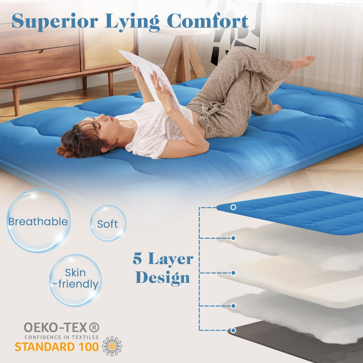 LIVSK Vloer-Futon-Matras - Draagbaar en Veelzijdig - Wasbare Microvezelhoes - Comfortabele Polyester Vulling - 200 x 140 x 10 cm