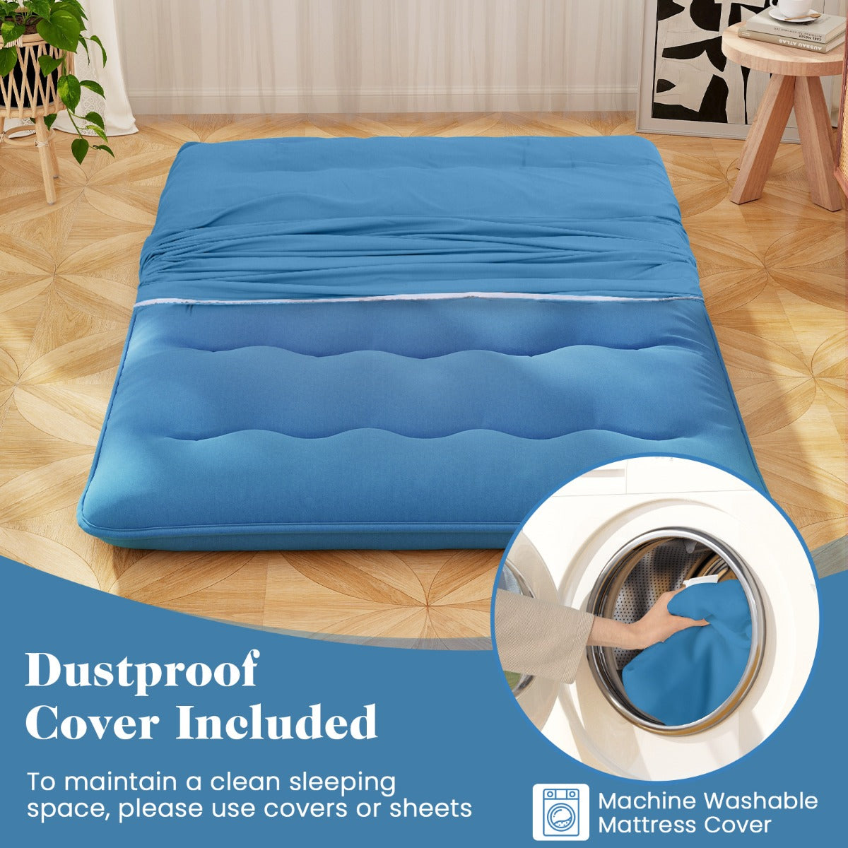 LIVSK Vloer-Futon-Matras - Draagbaar en Veelzijdig - Wasbare Microvezelhoes - Comfortabele Polyester Vulling - 200 x 140 x 10 cm