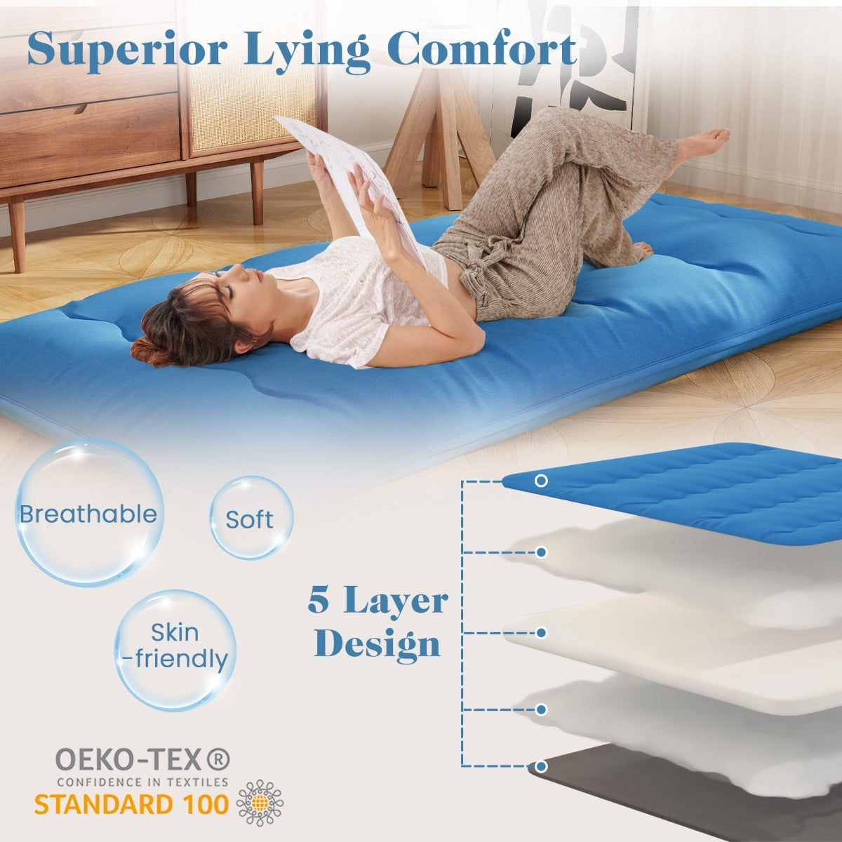 LIVSK Opvouwbare Vloermatras - Wasbare Microvezelhoes - Geschikt voor Kamperen en Spelen - 200 x 90 x 10 cm - Blauw