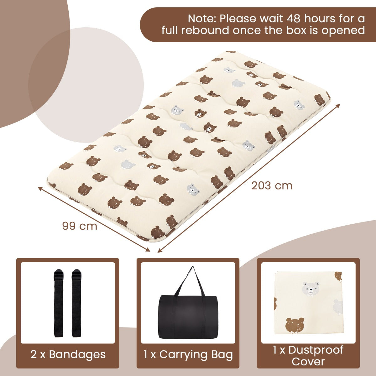 LIVSK Vloer-futon-matras - Wasbare Microvezelhoes - Voor Slaap, Speel en Kamperen - 200 x 90 x 10 cm - Bruine beer