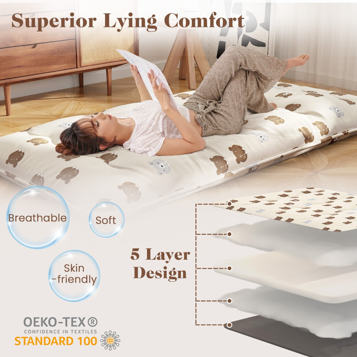 LIVSK Vloer-futon-matras - Wasbare Microvezelhoes - Voor Slaap, Speel en Kamperen - 200 x 90 x 10 cm - Bruine beer