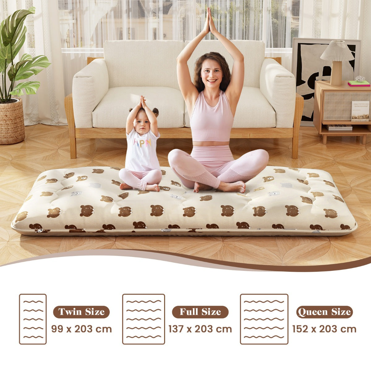 LIVSK Vloer-futon-matras - Wasbare Microvezelhoes - Voor Slaap, Speel en Kamperen - 200 x 90 x 10 cm - Bruine beer