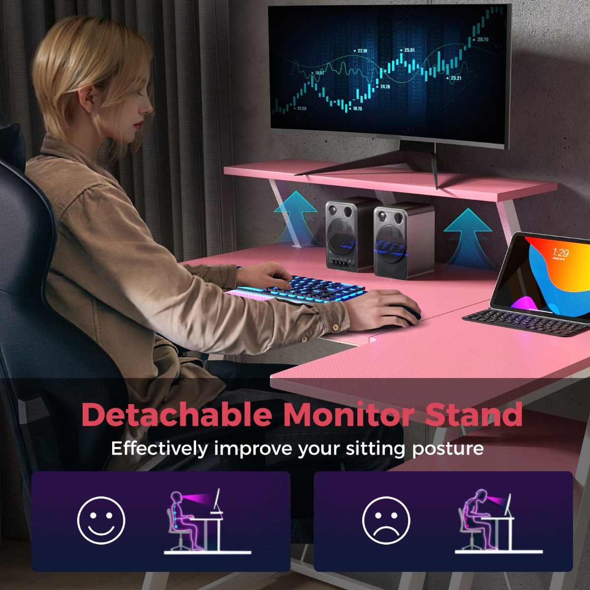 LIVSK Gamingbureau met Monitorplank - Ergonomisch - 2 Stopcontacten en 2 USB-poorten - Stevig Metaal - 107 x 45 x 93 cm - Roze/Wit