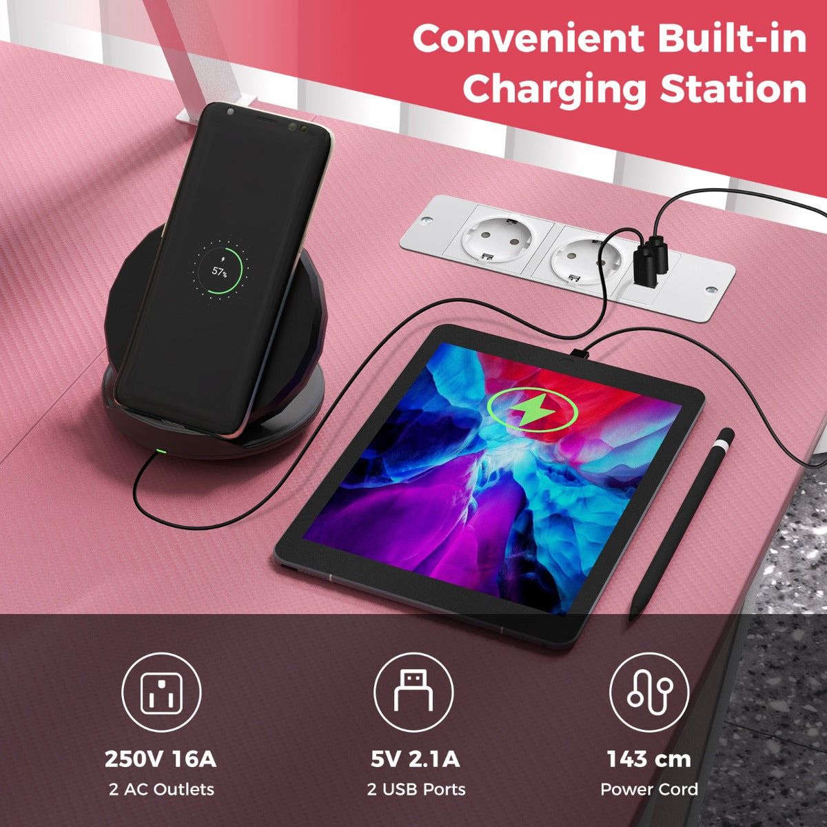 LIVSK Gamingbureau met Monitorplank - Ergonomisch - 2 Stopcontacten en 2 USB-poorten - Stevig Metaal - 107 x 45 x 93 cm - Roze/Wit